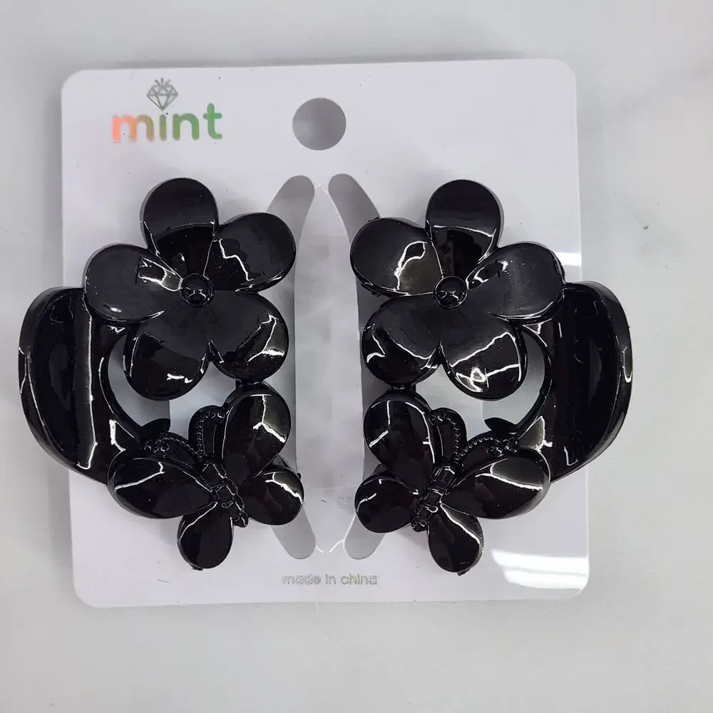 2 Flower & Butterfly Black Hair Claw Clips - Double Sided Hair Accessories!